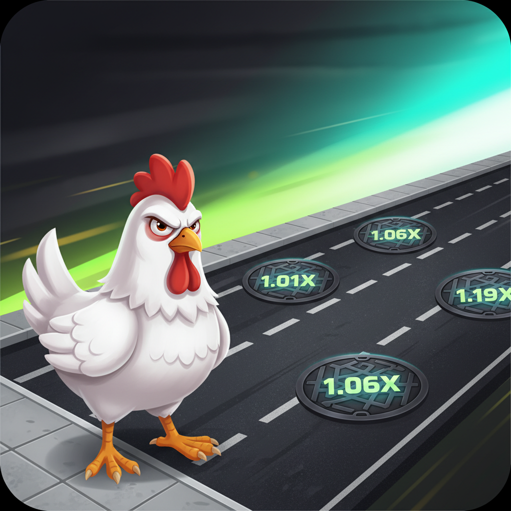 Vue d'ensemble du jeu Chicken Road 2 montrant la route, le poulet et les obstacles